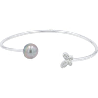 EFFY 18K White Gold Open Cuff Bangle with Genuine Tahitian Pearl and Pavé-Set Diamond Butterfly Motif - 0.09 Carat Total Diamond Weight