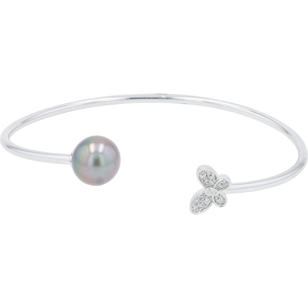 EFFY 18K White Gold Open Cuff Bangle with Genuine Tahitian Pearl and Pavé-Set Diamond Butterfly Motif - 0.09 Carat Total Diamond Weight