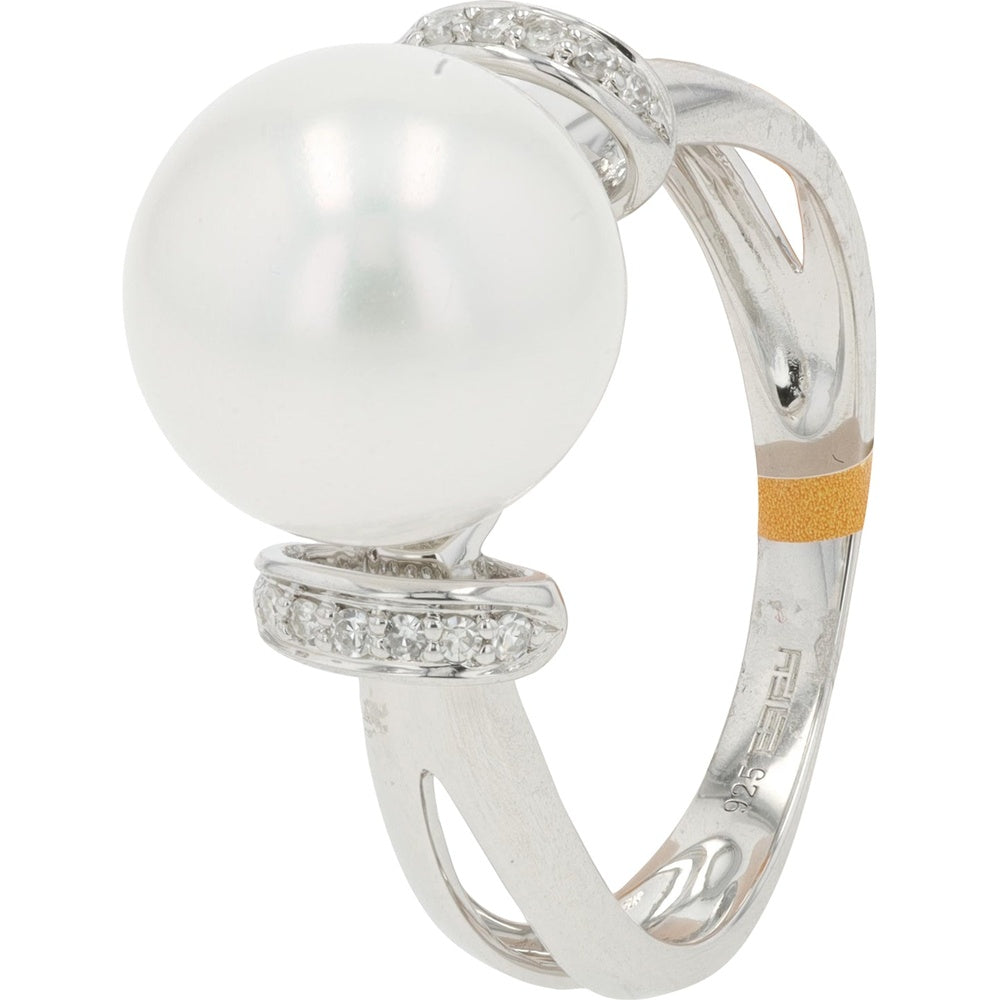 EFFY 925 Sterling Silver Split Shank Ring with Round Pearl and 0.07 Carat Diamond Accents