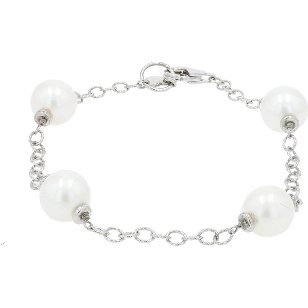 EFFY 925 Sterling Silver Station Bracelet with Four Round Freshwater Pearls and Cable Link Chain - 7.75 Inch Length