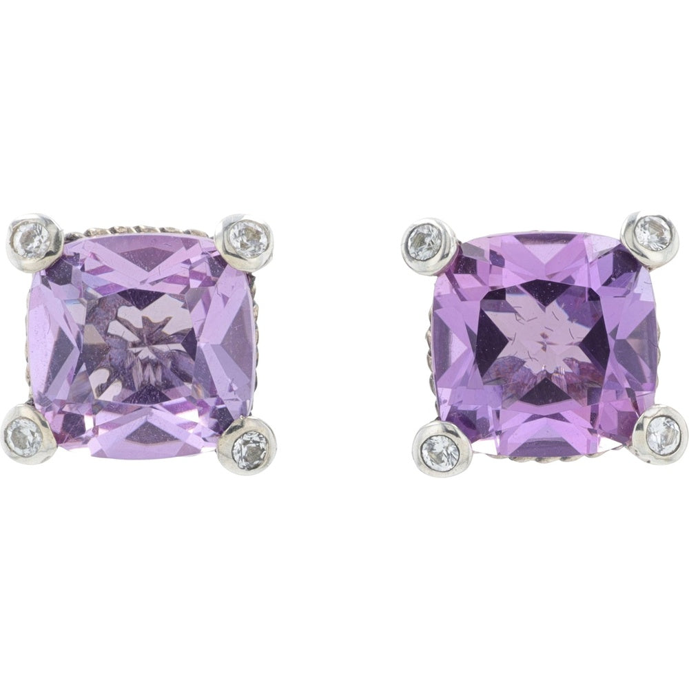 EFFY 925 Sterling Silver Stud Earrings with Cushion Cut Amethyst and White Sapphire Accent Prongs - 7.00 Carat Total Gem Weight