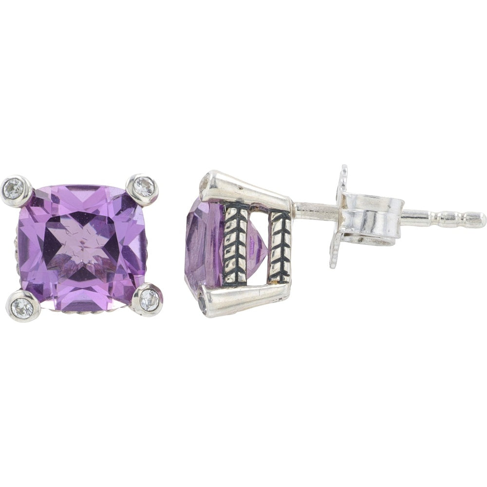 EFFY 925 Sterling Silver Stud Earrings with Cushion Cut Amethyst and White Sapphire Accent Prongs - 7.00 Carat Total Gem Weight