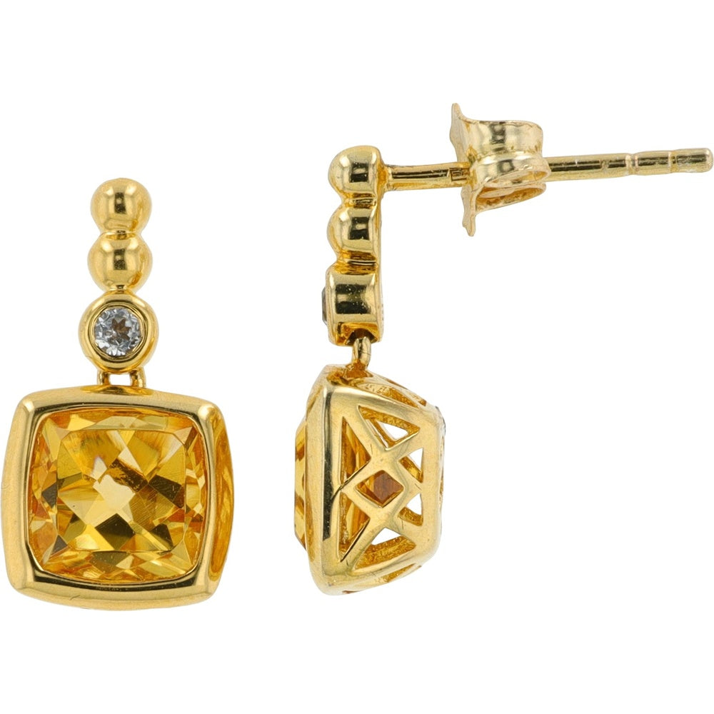 EFFY Gold Plated Sterling Silver Drop Earrings with Cushion Cut Citrine and Accent Stone - 1.65 Carat Total Citrine Weight