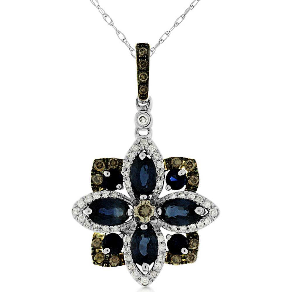 Elegant 14K White Gold Floral Pendant with Mocha Diamond, Sapphire & Brown Diamonds