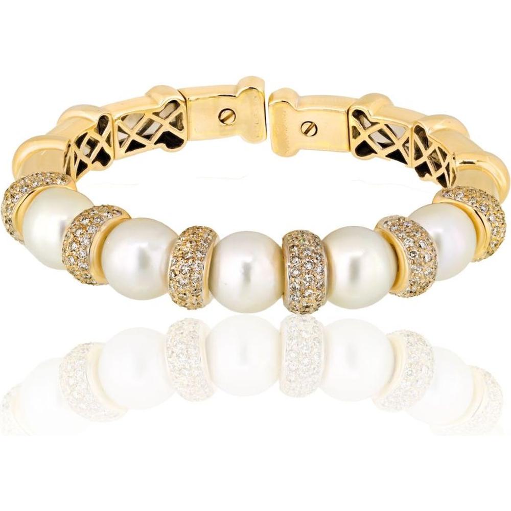Elegant Bvlgari 18K White Gold Diamond and Pearl Cuff Bangle Bracelet