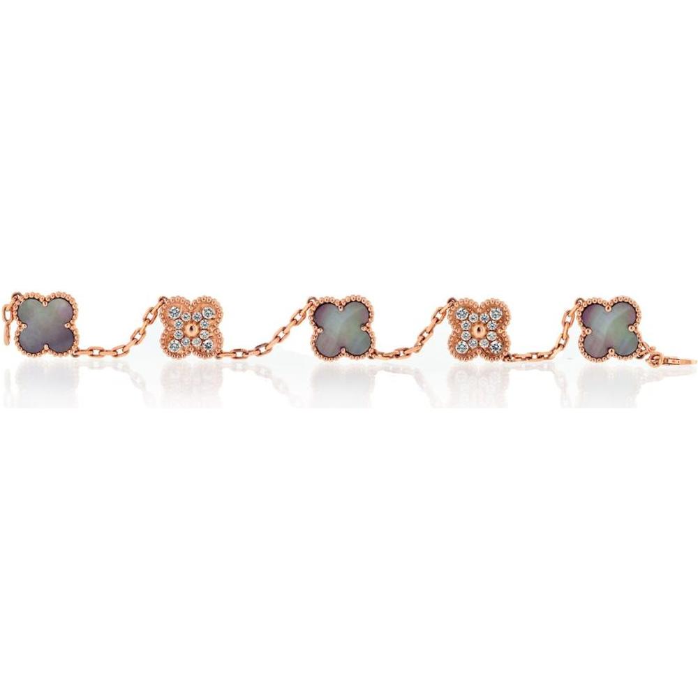 Elegant Van Cleef & Arpels Alhambra 18K Rose Gold 5 Motif Mother-of-Pearl and Diamond Bracelet