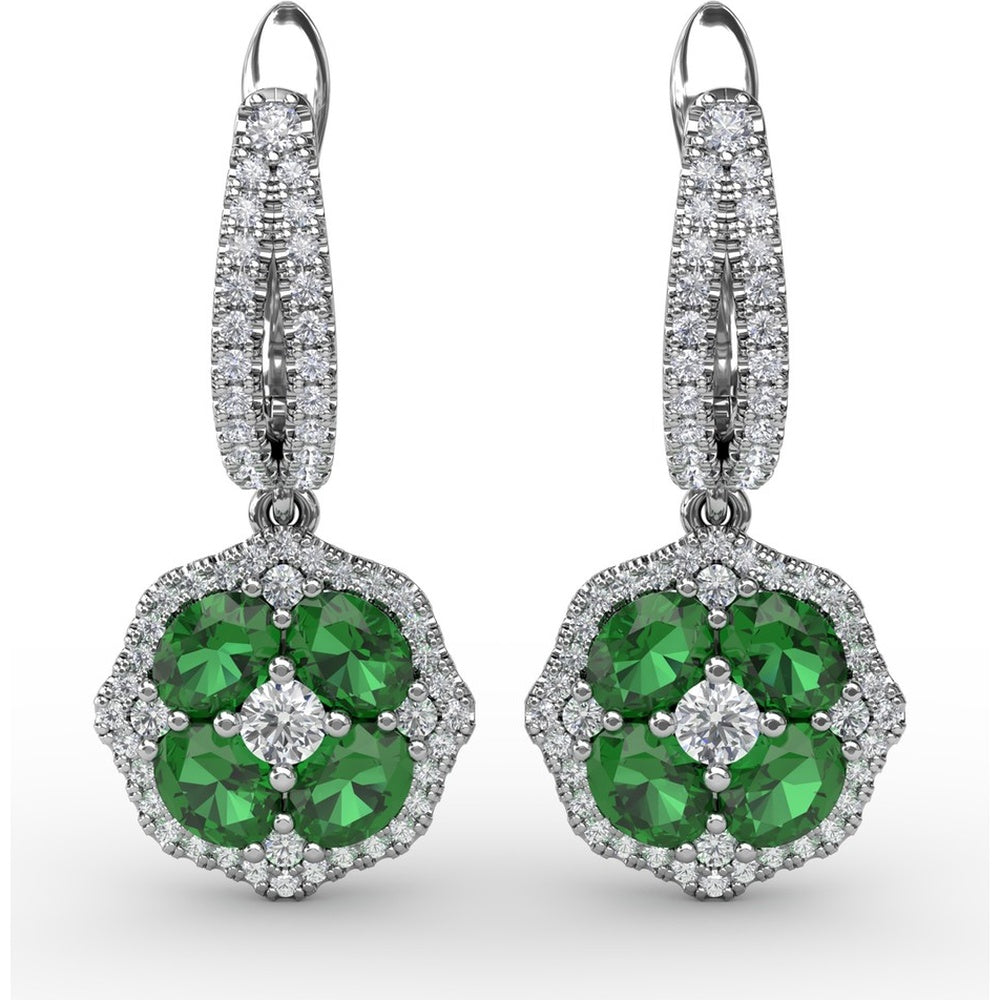Emerald and Diamond Cluster Drop Earrings with Pavé Halo by Fana - 2.03 Carat Total Gemstone Weight