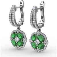 Emerald and Diamond Cluster Drop Earrings with Pavé Halo by Fana - 2.03 Carat Total Gemstone Weight