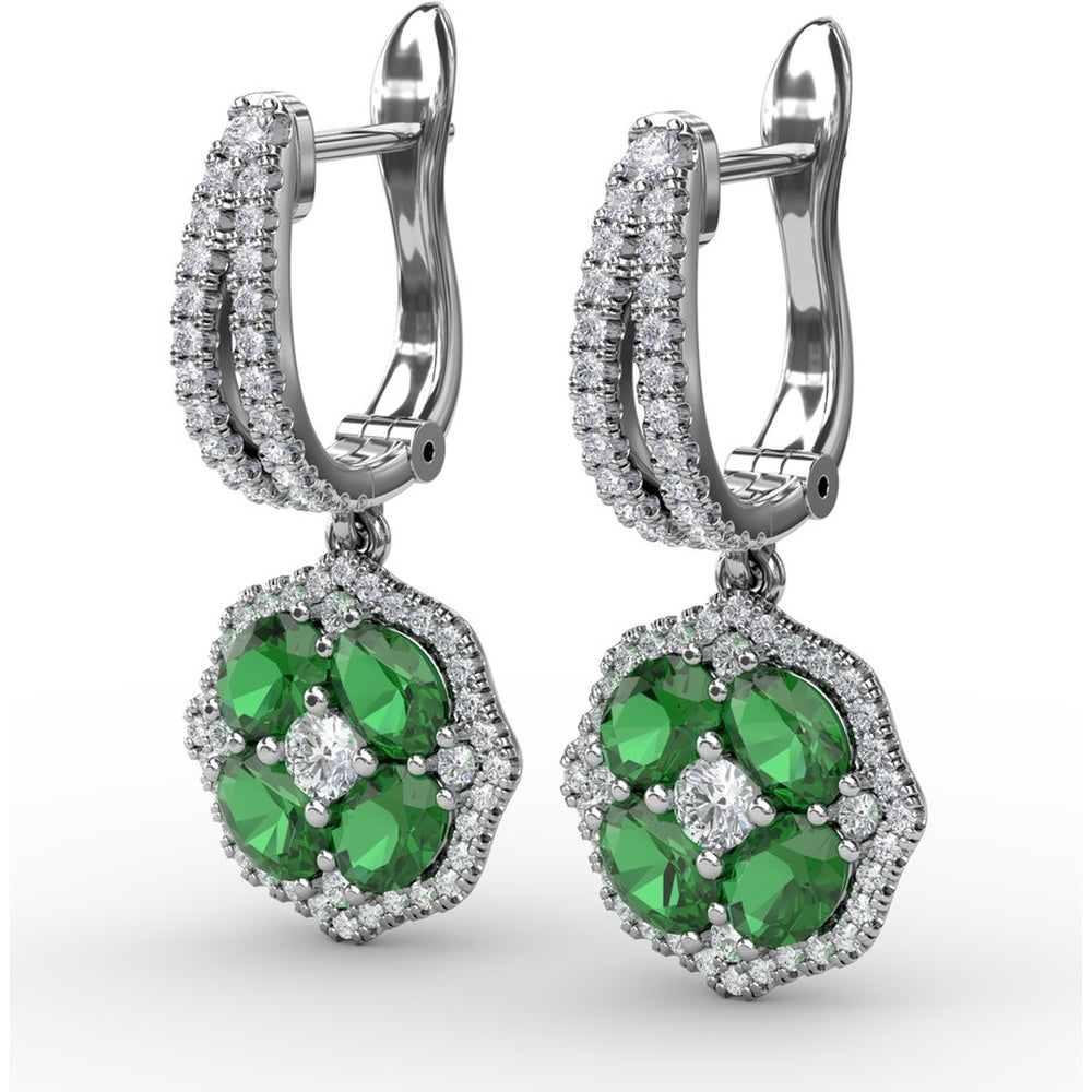Emerald and Diamond Cluster Drop Earrings with Pavé Halo by Fana - 2.03 Carat Total Gemstone Weight