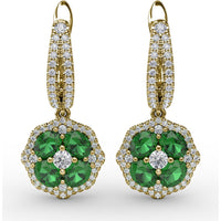 Emerald and Diamond Cluster Drop Earrings with Pavé Halo by Fana - 2.03 Carat Total Gemstone Weight