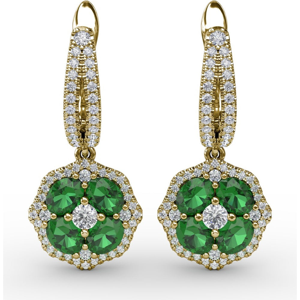 Emerald and Diamond Cluster Drop Earrings with Pavé Halo by Fana - 2.03 Carat Total Gemstone Weight