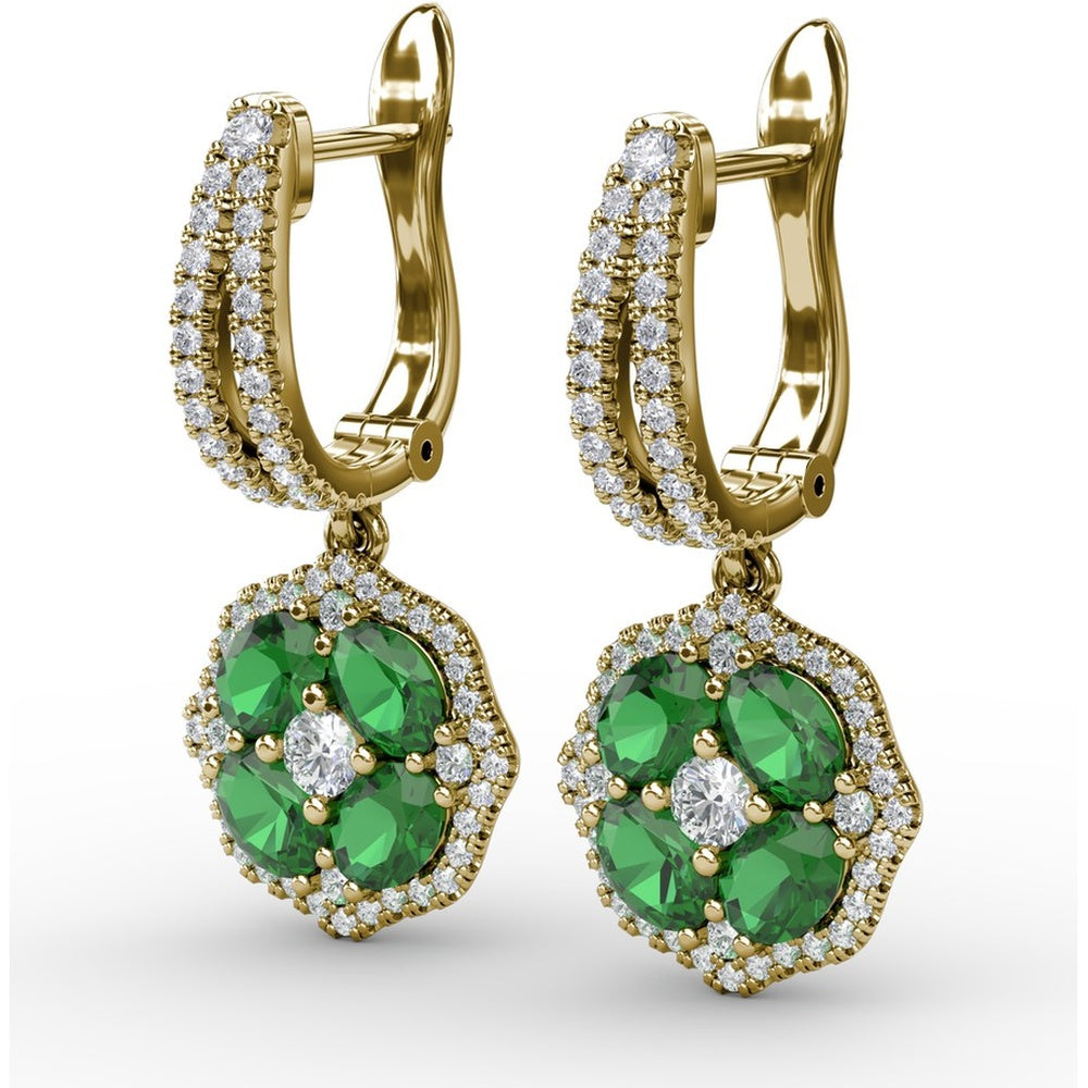 Emerald and Diamond Cluster Drop Earrings with Pavé Halo by Fana - 2.03 Carat Total Gemstone Weight