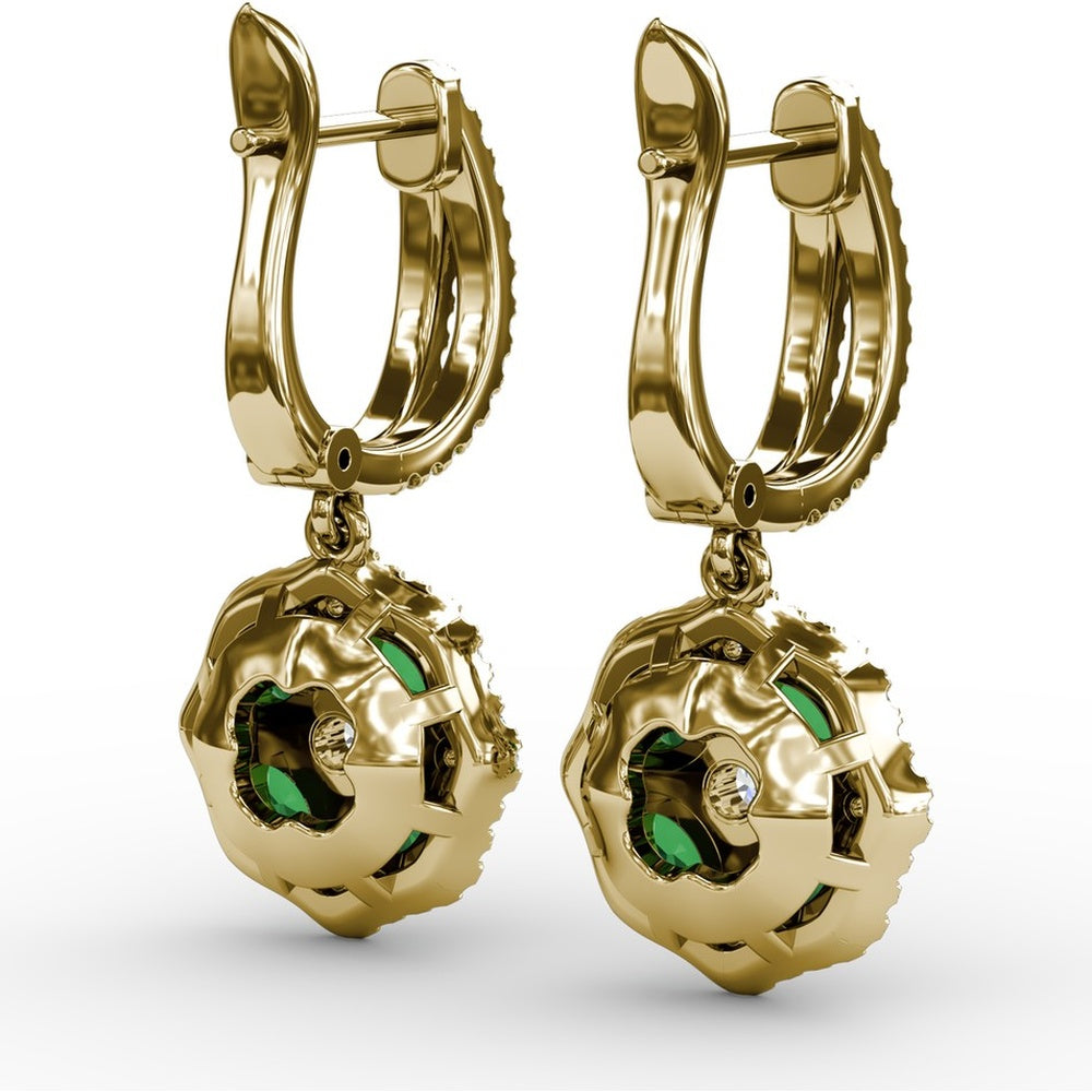 Emerald and Diamond Cluster Drop Earrings with Pavé Halo by Fana - 2.03 Carat Total Gemstone Weight