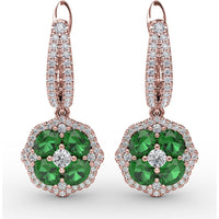 Emerald and Diamond Cluster Drop Earrings with Pavé Halo by Fana - 2.03 Carat Total Gemstone Weight