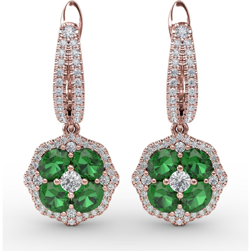 Emerald and Diamond Cluster Drop Earrings with Pavé Halo by Fana - 2.03 Carat Total Gemstone Weight