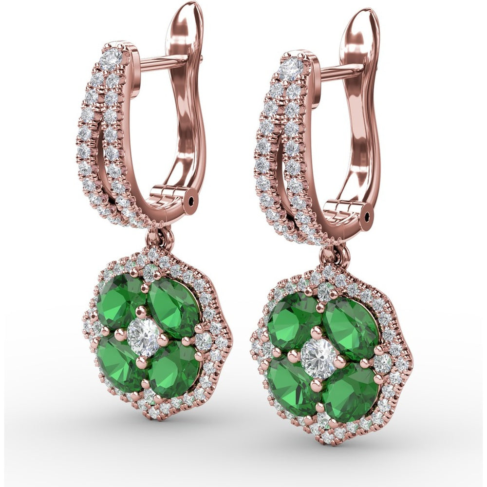 Emerald and Diamond Cluster Drop Earrings with Pavé Halo by Fana - 2.03 Carat Total Gemstone Weight