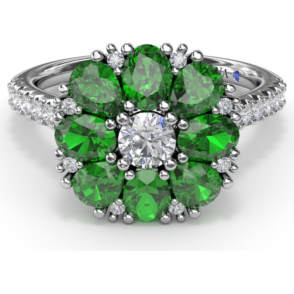 Emerald and Diamond Cluster Flower Ring by Fana - 1.64 Carat Total Gemstone Weight