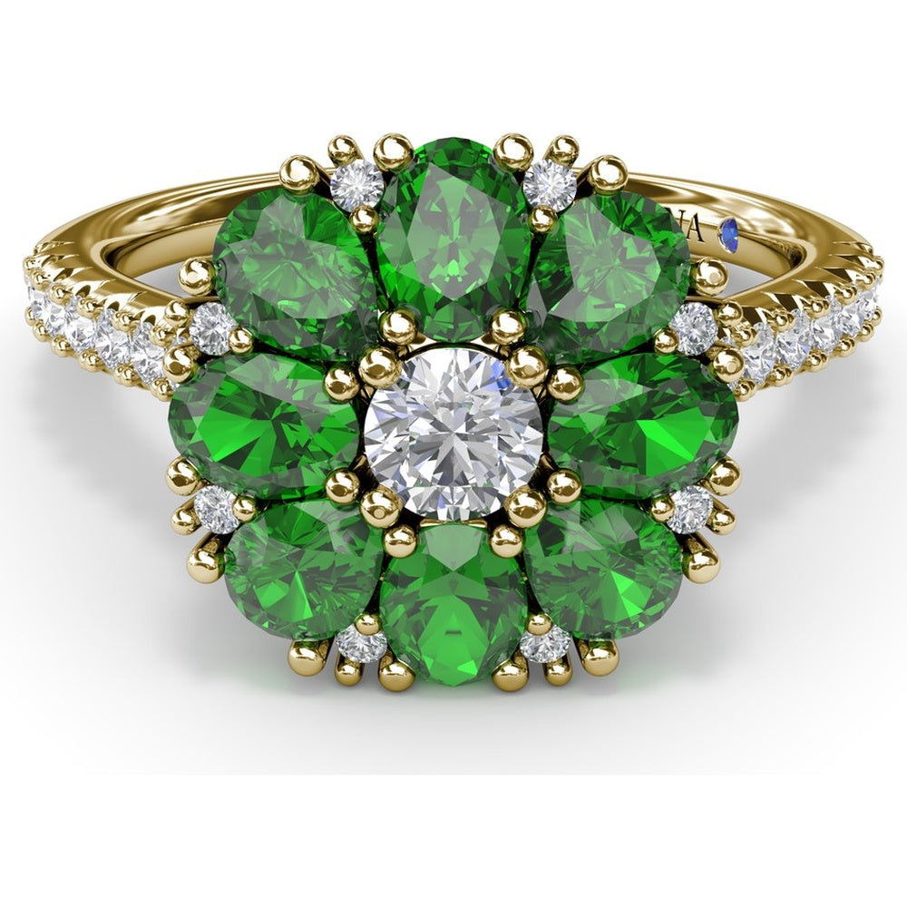 Emerald and Diamond Cluster Flower Ring by Fana - 1.64 Carat Total Gemstone Weight