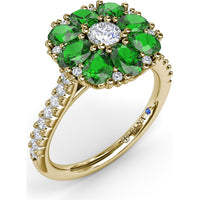Emerald and Diamond Cluster Flower Ring by Fana - 1.64 Carat Total Gemstone Weight