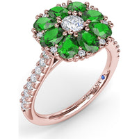 Emerald and Diamond Cluster Flower Ring by Fana - 1.64 Carat Total Gemstone Weight