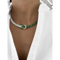 Emerald and Diamond Hercules Knot Necklace in 18K White Gold and Yellow Gold by Charles Krypell