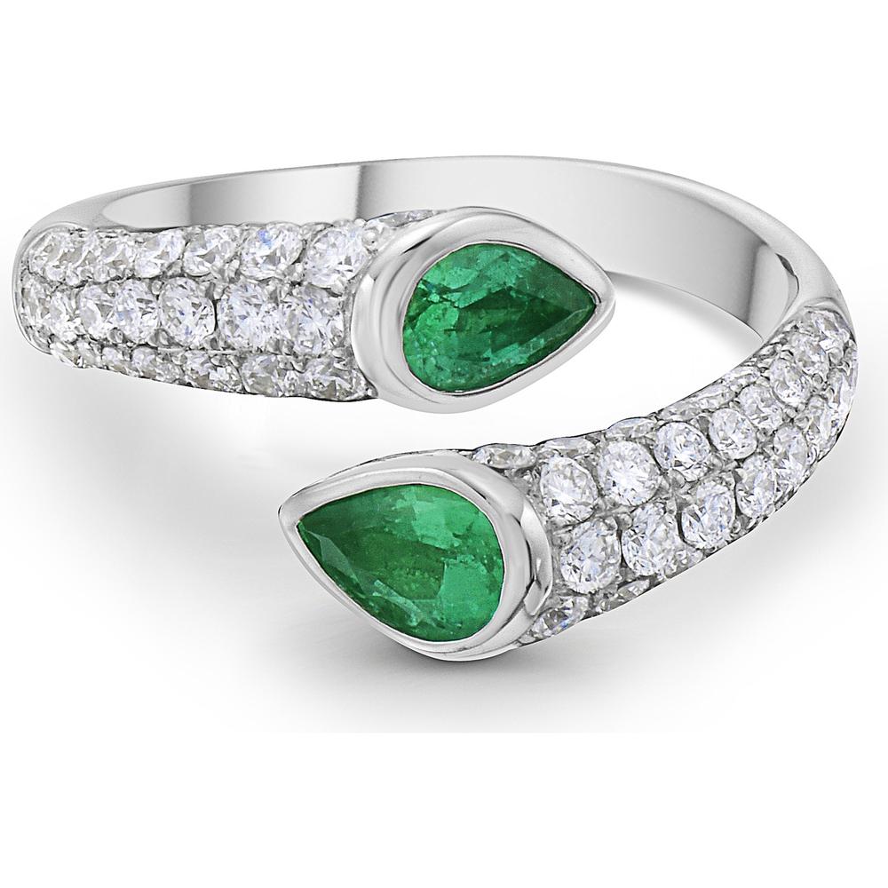 Emerald and Diamond Pavé Reflection Bypass Ring in 18K White Gold by Charles Krypell
