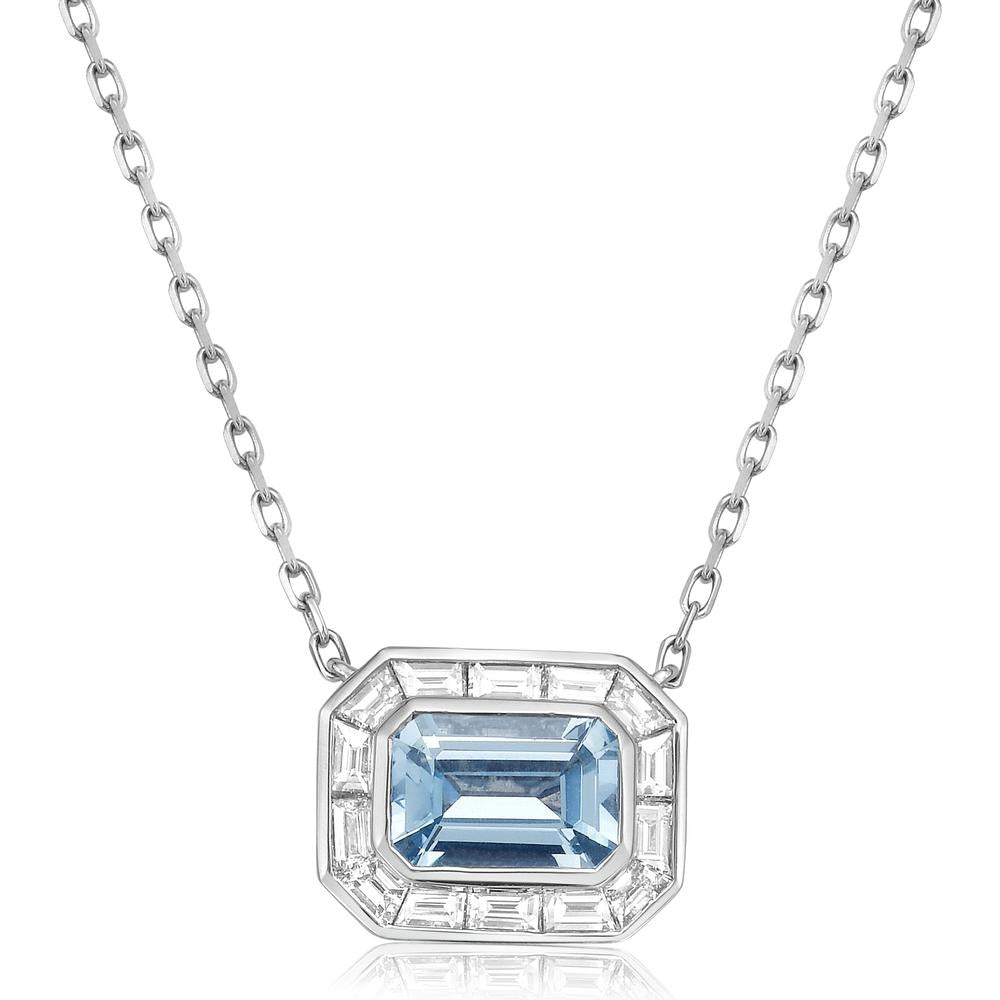 Emerald Cut Aquamarine and Diamond Frame Pendant Necklace in 18K White Gold by Charles Krypell