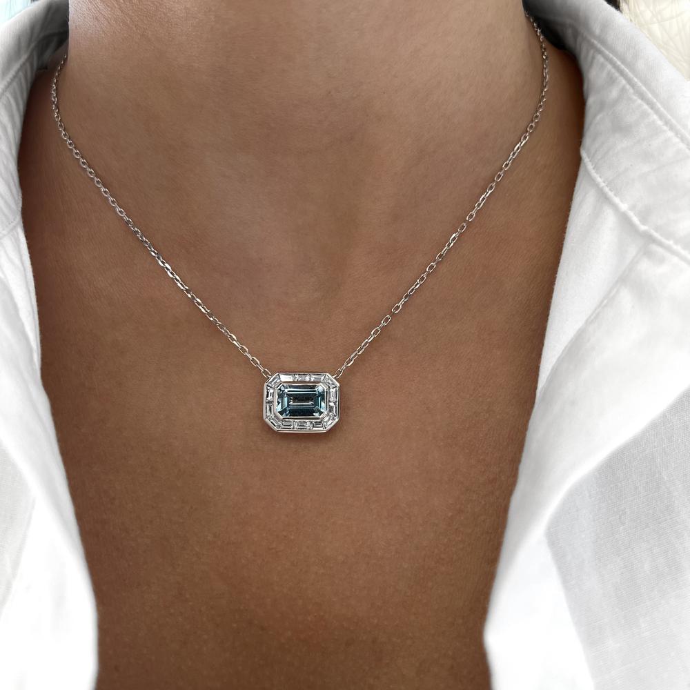 Emerald Cut Aquamarine and Diamond Frame Pendant Necklace in 18K White Gold by Charles Krypell