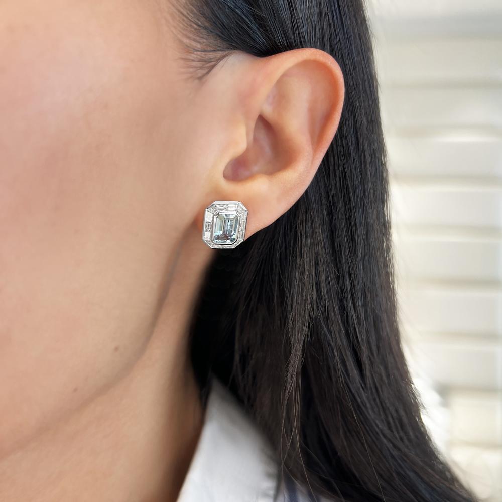 Emerald Cut Aquamarine and Diamond Frame Stud Earrings in 18K White Gold by Charles Krypell
