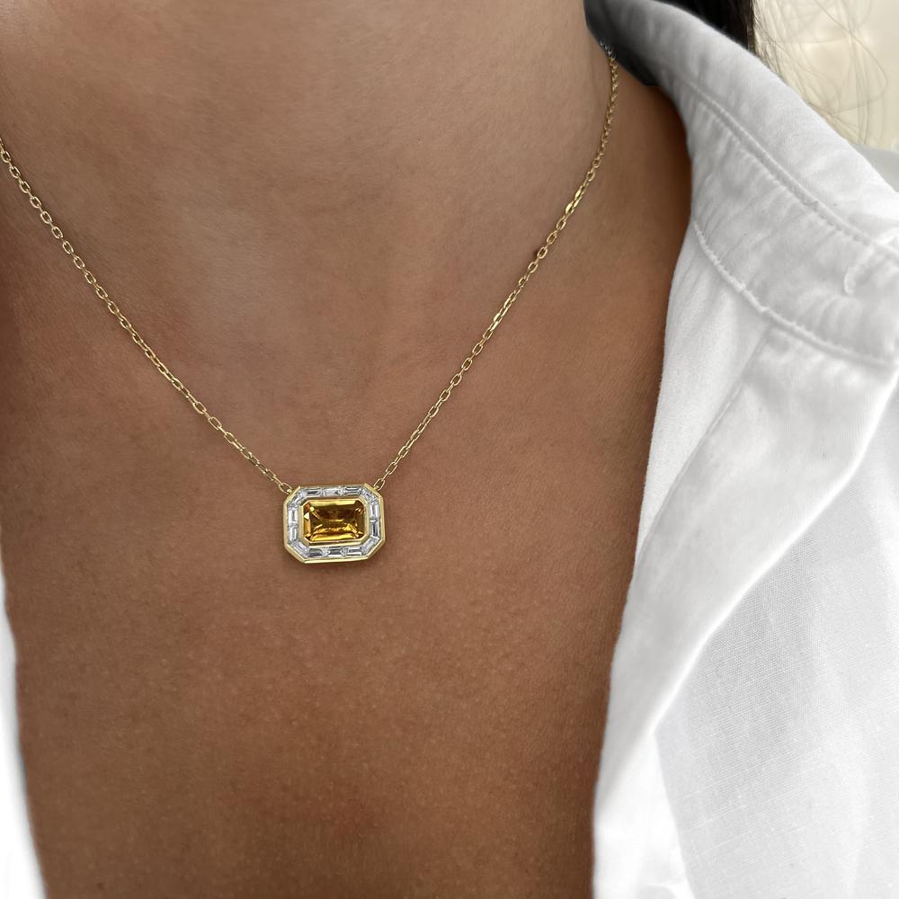 Emerald Cut Citrine and Diamond Frame Pendant Necklace in 18K Yellow Gold by Charles Krypell