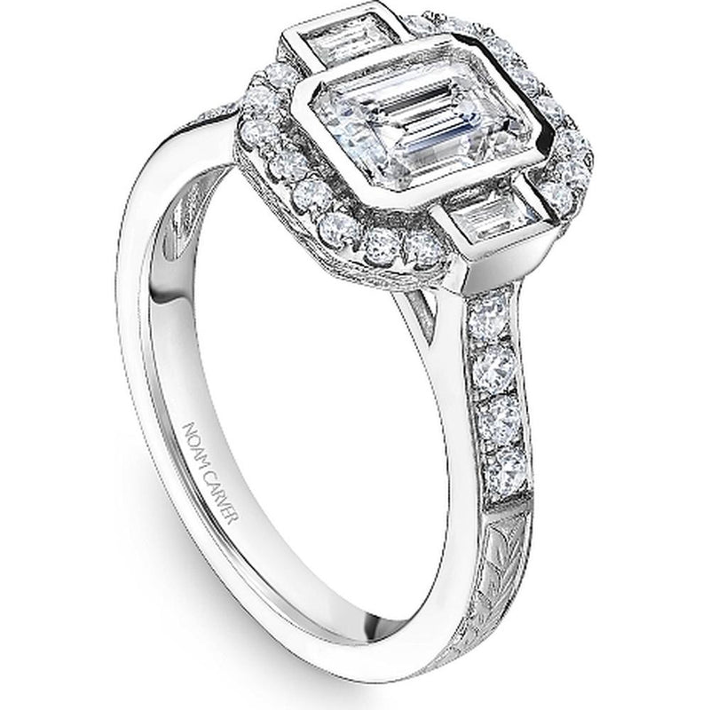 Emerald Cut Diamond Engagement Ring with Bezel Setting, Halo, Pavé Band, and Baguette Side Stones in White Gold by Noam Carver<em> - Choose Your Center Diamond: 1 to 5 Carats, Sustainable Lab-Grown or Natural Earth-Mined</em>