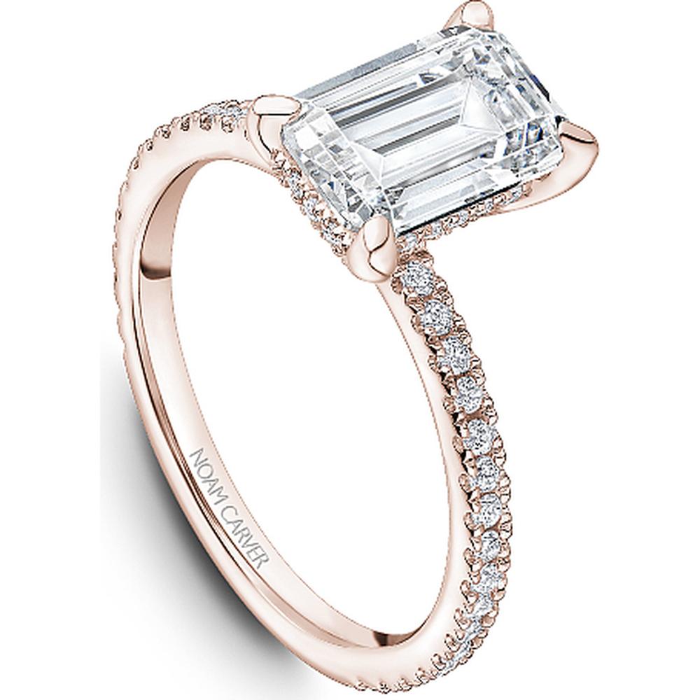Emerald Cut Diamond Engagement Ring with Four-Prong Setting and Pavé Band in Rose Gold by Noam Carver<em> - Choose Your Center Diamond: 1 to 5 Carats, Sustainable Lab-Grown or Natural Earth-Mined</em>