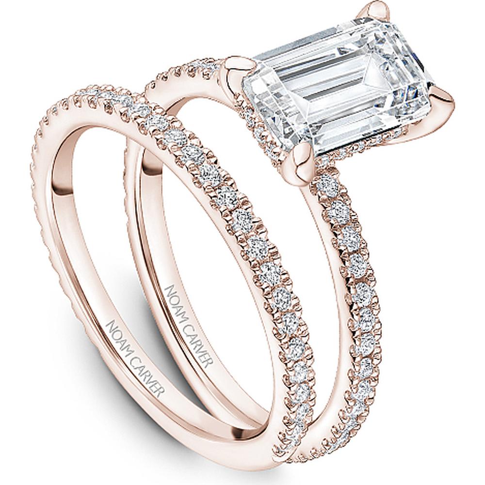 Emerald Cut Diamond Engagement Ring with Four-Prong Setting and Pavé Band in Rose Gold by Noam Carver<em> - Choose Your Center Diamond: 1 to 5 Carats, Sustainable Lab-Grown or Natural Earth-Mined</em>