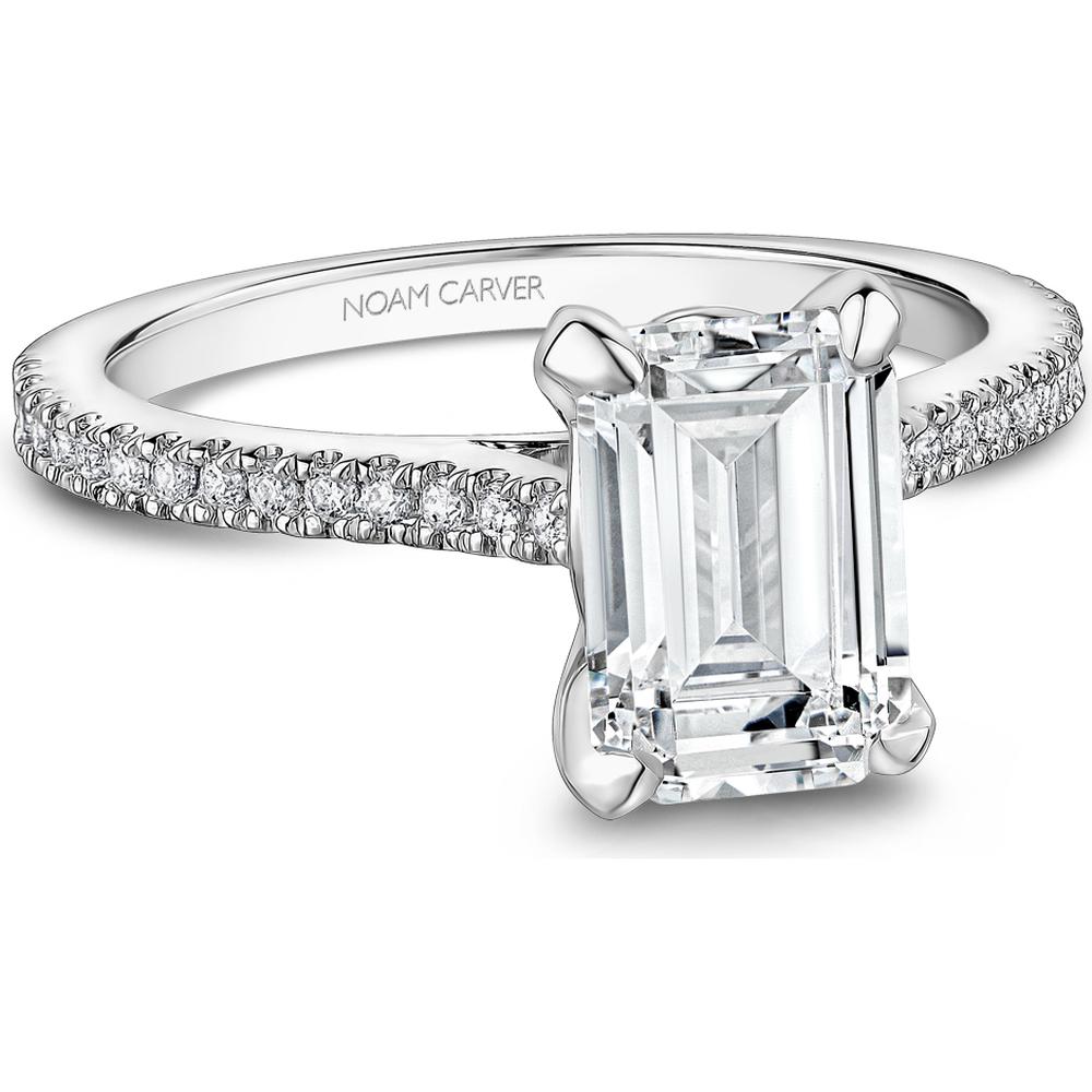Emerald Cut Diamond Engagement Ring with Four-Prong Setting and Pavé Band in White Gold by Noam Carver<em> - Choose Your Center Diamond: 1 to 5 Carats, Sustainable Lab-Grown or Natural Earth-Mined</em>