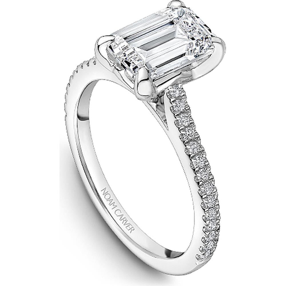 Emerald Cut Diamond Engagement Ring with Four-Prong Setting and Pavé Band in White Gold by Noam Carver<em> - Choose Your Center Diamond: 1 to 5 Carats, Sustainable Lab-Grown or Natural Earth-Mined</em>