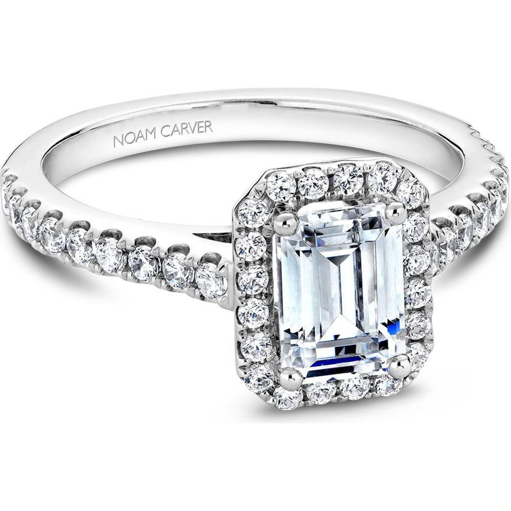 Emerald Cut Diamond Engagement Ring with Four-Prong Setting, Pav&eacute; Halo, and Milgrain Detail in White Gold by Noam Carver<em> - Choose Your Center Diamond: 1 to 5 Carats, Sustainable Lab-Grown or Natural Earth-Mined</em>