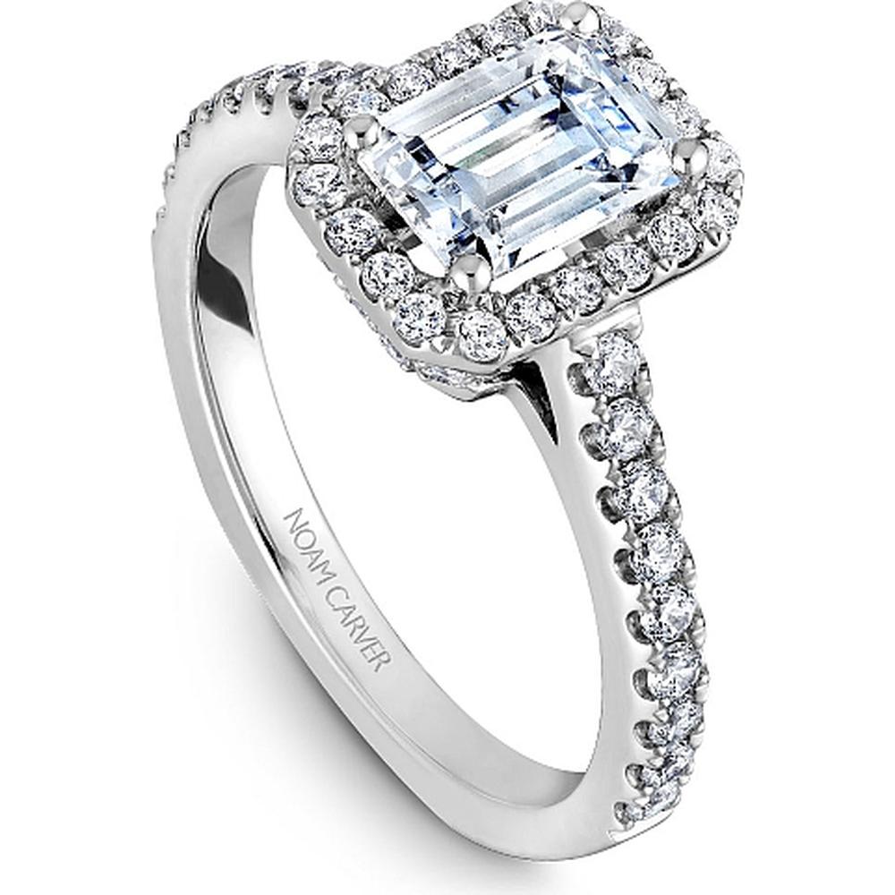 Emerald Cut Diamond Engagement Ring with Four-Prong Setting, Pav&eacute; Halo, and Milgrain Detail in White Gold by Noam Carver<em> - Choose Your Center Diamond: 1 to 5 Carats, Sustainable Lab-Grown or Natural Earth-Mined</em>