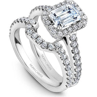 Emerald Cut Diamond Engagement Ring with Four-Prong Setting, Pav&eacute; Halo, and Milgrain Detail in White Gold by Noam Carver<em> - Choose Your Center Diamond: 1 to 5 Carats, Sustainable Lab-Grown or Natural Earth-Mined</em>