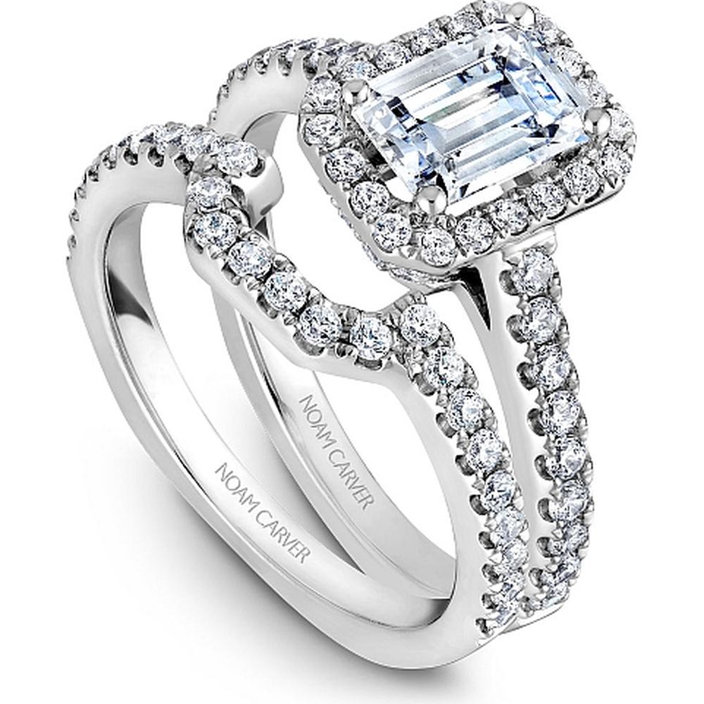 Emerald Cut Diamond Engagement Ring with Four-Prong Setting, Pav&eacute; Halo, and Milgrain Detail in White Gold by Noam Carver<em> - Choose Your Center Diamond: 1 to 5 Carats, Sustainable Lab-Grown or Natural Earth-Mined</em>