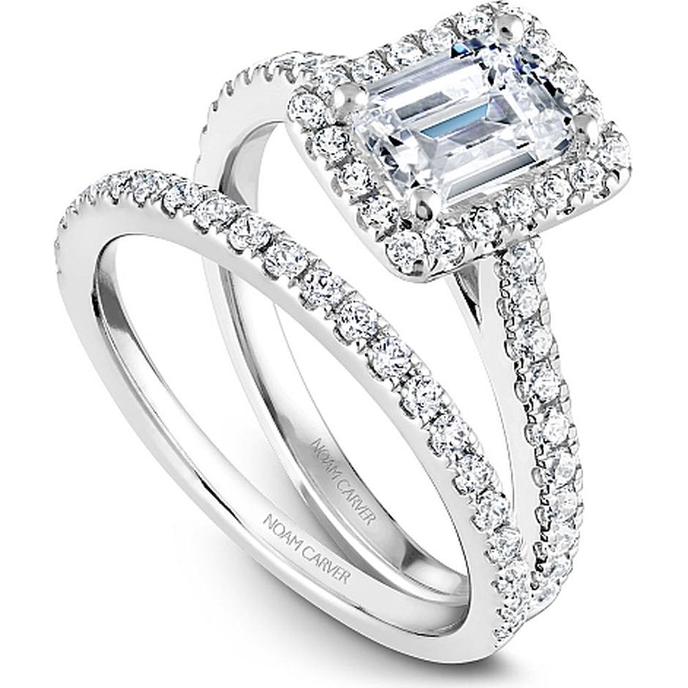 Emerald Cut Diamond Engagement Ring with Halo and Pavé Band in White Gold by Noam Carver<em> - Choose Your Center Diamond: 1 to 5 Carats, Sustainable Lab-Grown or Natural Earth-Mined</em>