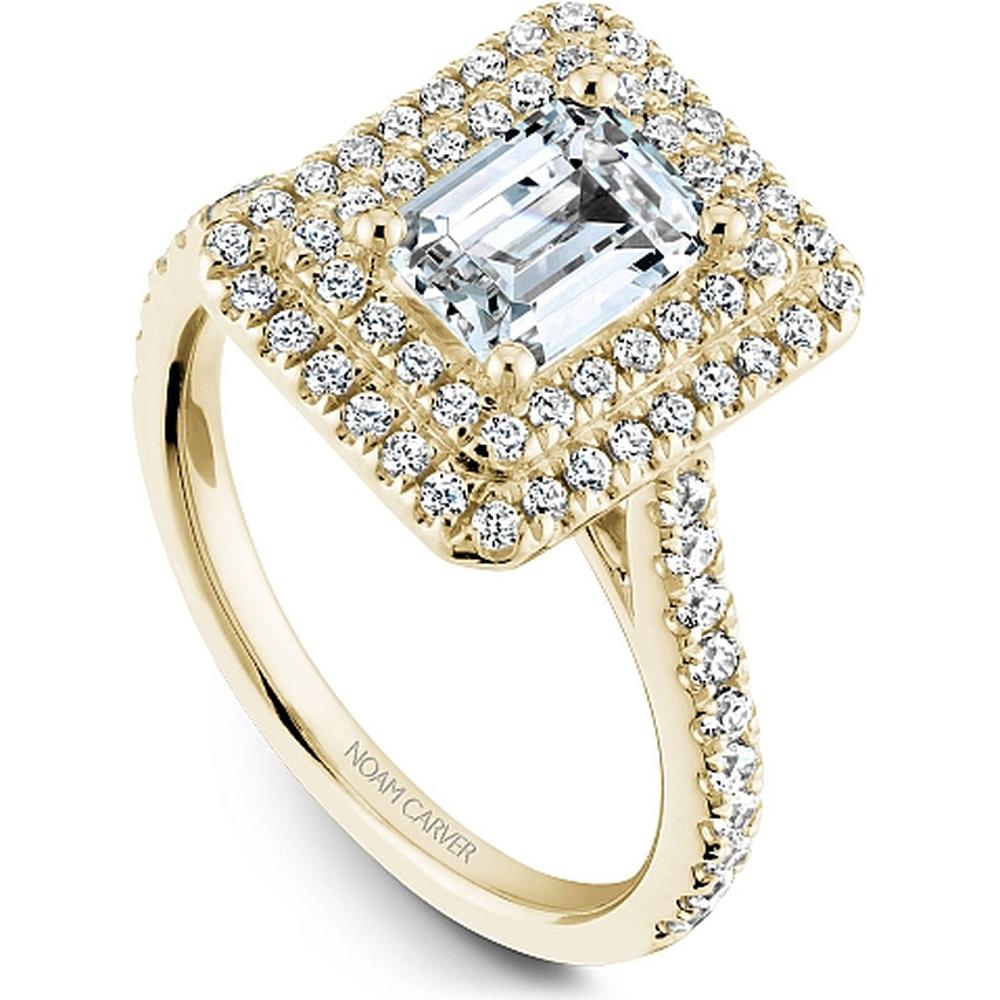 Emerald Cut Diamond Engagement Ring with Halo and Pavé Band in Yellow Gold by Noam Carver<em> - Choose Your Center Diamond: 1 to 5 Carats, Sustainable Lab-Grown or Natural Earth-Mined</em>