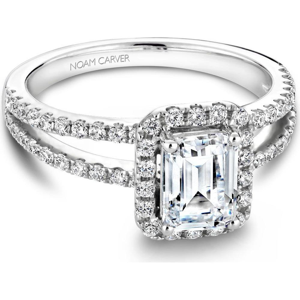 Emerald Cut Diamond Engagement Ring with Halo and Split Pavé Band in White Gold by Noam Carver<em> - Choose Your Center Diamond: 1 to 5 Carats, Sustainable Lab-Grown or Natural Earth-Mined</em>