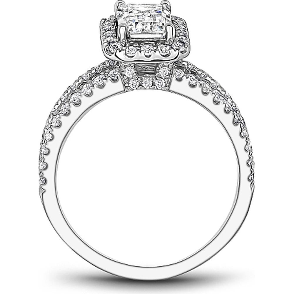 Emerald Cut Diamond Engagement Ring with Halo and Split Pavé Band in White Gold by Noam Carver<em> - Choose Your Center Diamond: 1 to 5 Carats, Sustainable Lab-Grown or Natural Earth-Mined</em>