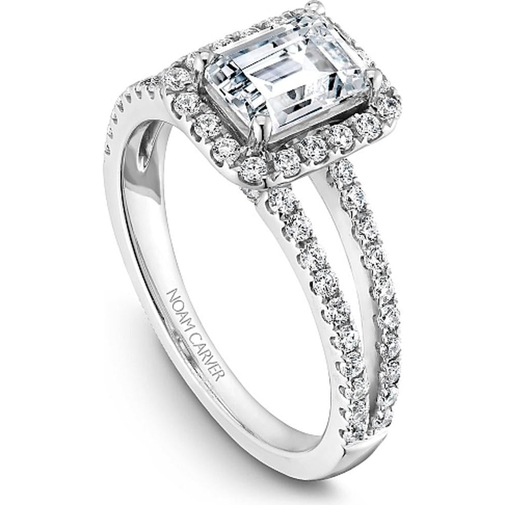 Emerald Cut Diamond Engagement Ring with Halo and Split Pavé Band in White Gold by Noam Carver<em> - Choose Your Center Diamond: 1 to 5 Carats, Sustainable Lab-Grown or Natural Earth-Mined</em>