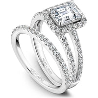 Emerald Cut Diamond Engagement Ring with Halo and Split Pavé Band in White Gold by Noam Carver<em> - Choose Your Center Diamond: 1 to 5 Carats, Sustainable Lab-Grown or Natural Earth-Mined</em>