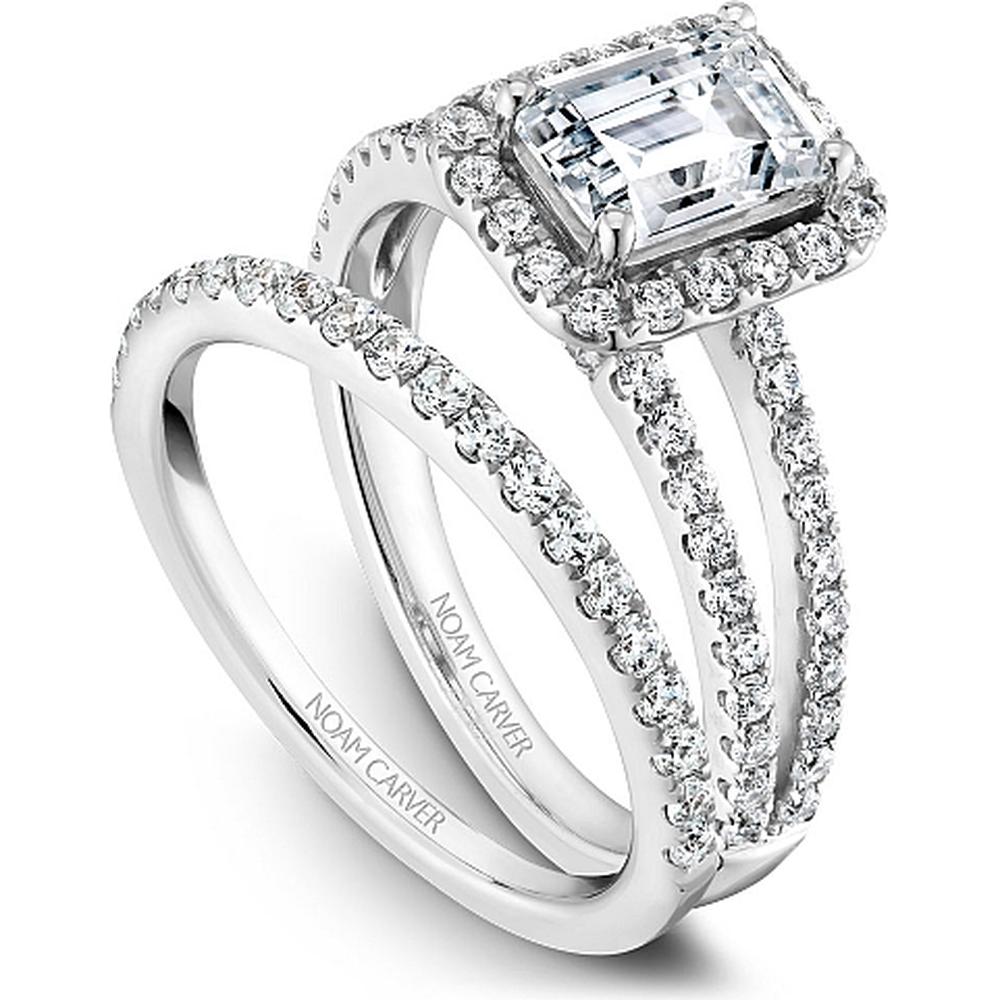 Emerald Cut Diamond Engagement Ring with Halo and Split Pavé Band in White Gold by Noam Carver<em> - Choose Your Center Diamond: 1 to 5 Carats, Sustainable Lab-Grown or Natural Earth-Mined</em>