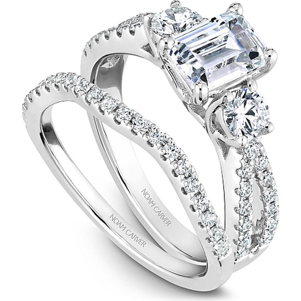 Emerald Cut Diamond Engagement Ring with Side Stones and Pavé Band in White Gold by Noam Carver<em> - Choose Your Center Diamond: 1 to 5 Carats, Sustainable Lab-Grown or Natural Earth-Mined</em>