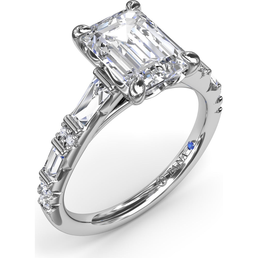 Emerald Cut Engagement Ring Setting with Alternating Baguette and Round Diamonds by Fana - 0.53 Carat Total Diamond Weight