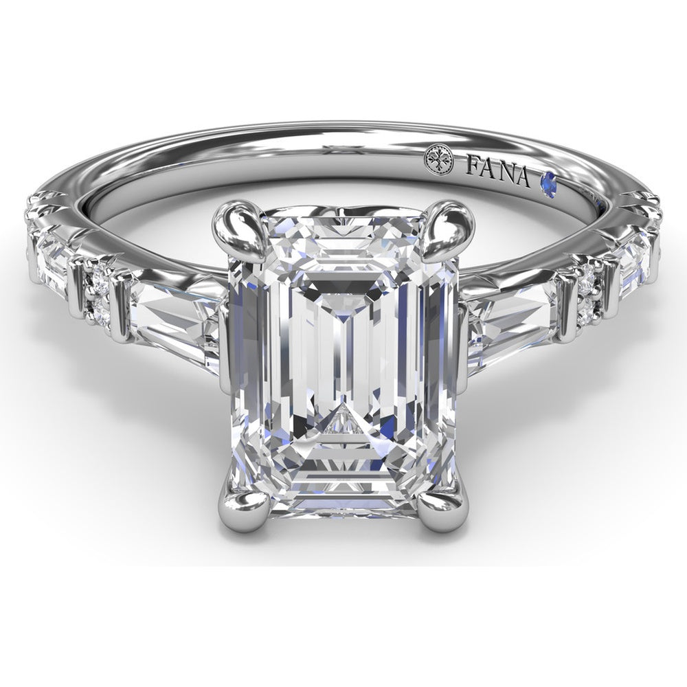 Emerald Cut Engagement Ring Setting with Alternating Baguette and Round Diamonds by Fana - 0.53 Carat Total Diamond Weight