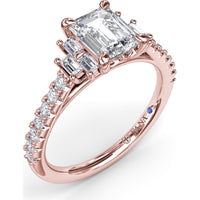 Emerald Cut Engagement Ring Setting with Baguette Side Stones and Tapered Pavé Diamond Shank - 0.51 Carat Total Side Stone Weight by Fana